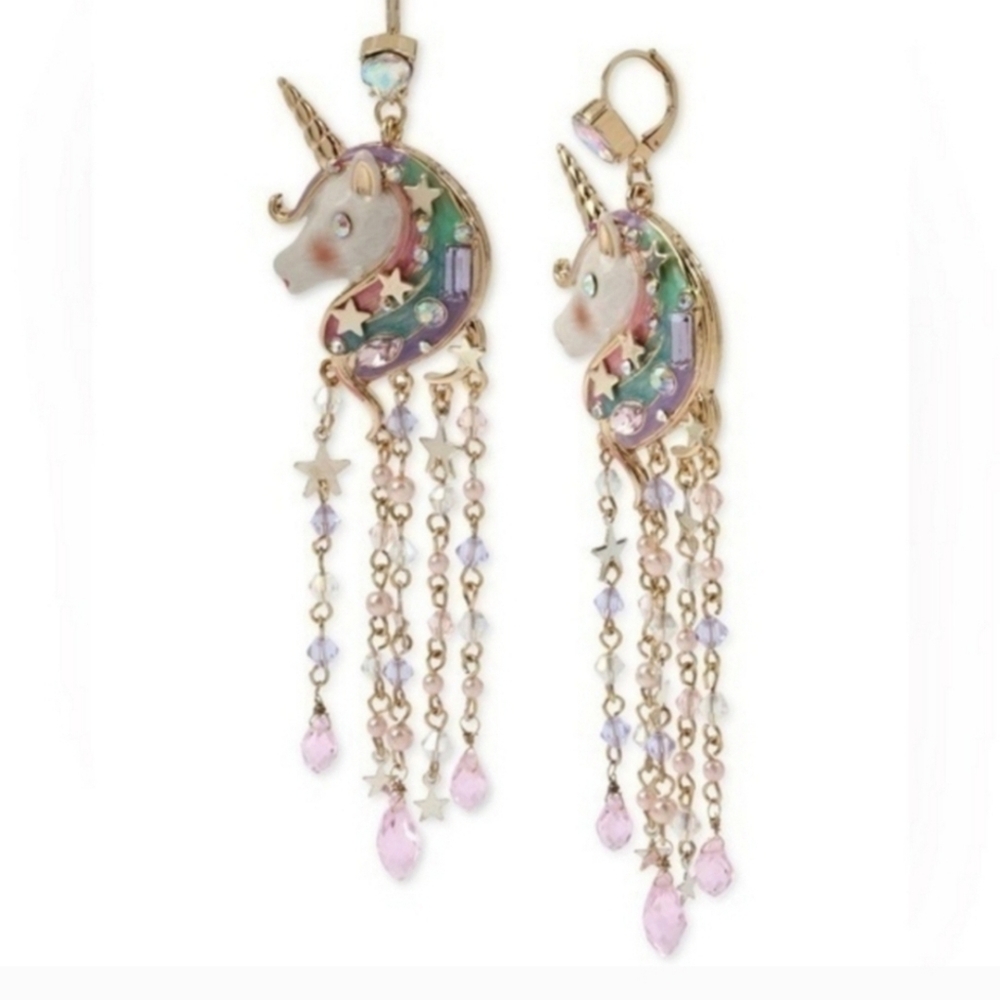 Betsey Johnson Unicorn Fringe Chandelier dangle Rhinestone Earrings - Picture 1 of 3
